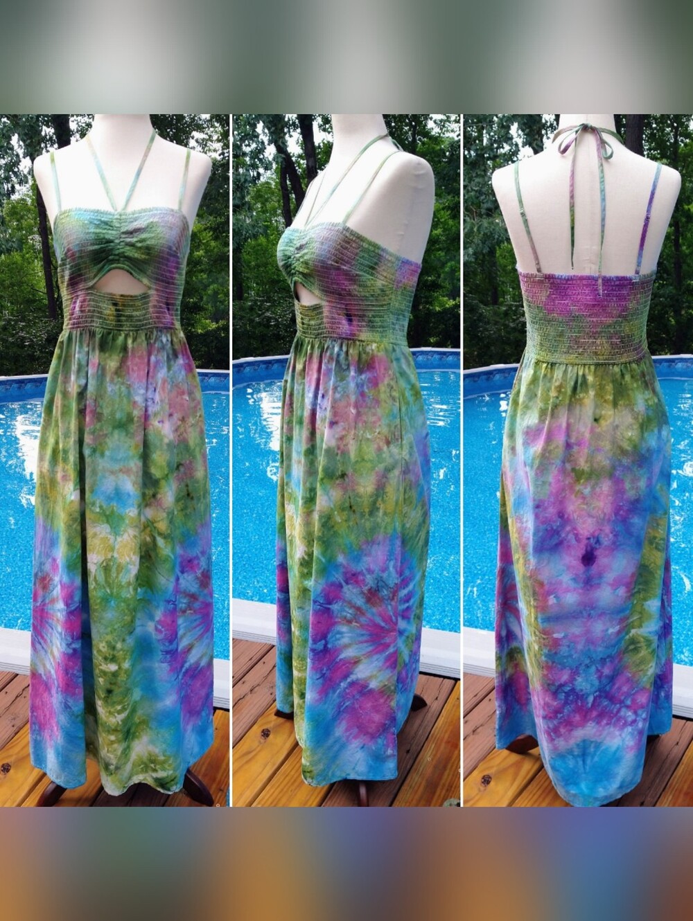 Purple, Green & Blue Side Spiral Ice Dye Tie Dye Dress W/ Matching Bandana~Sz XS